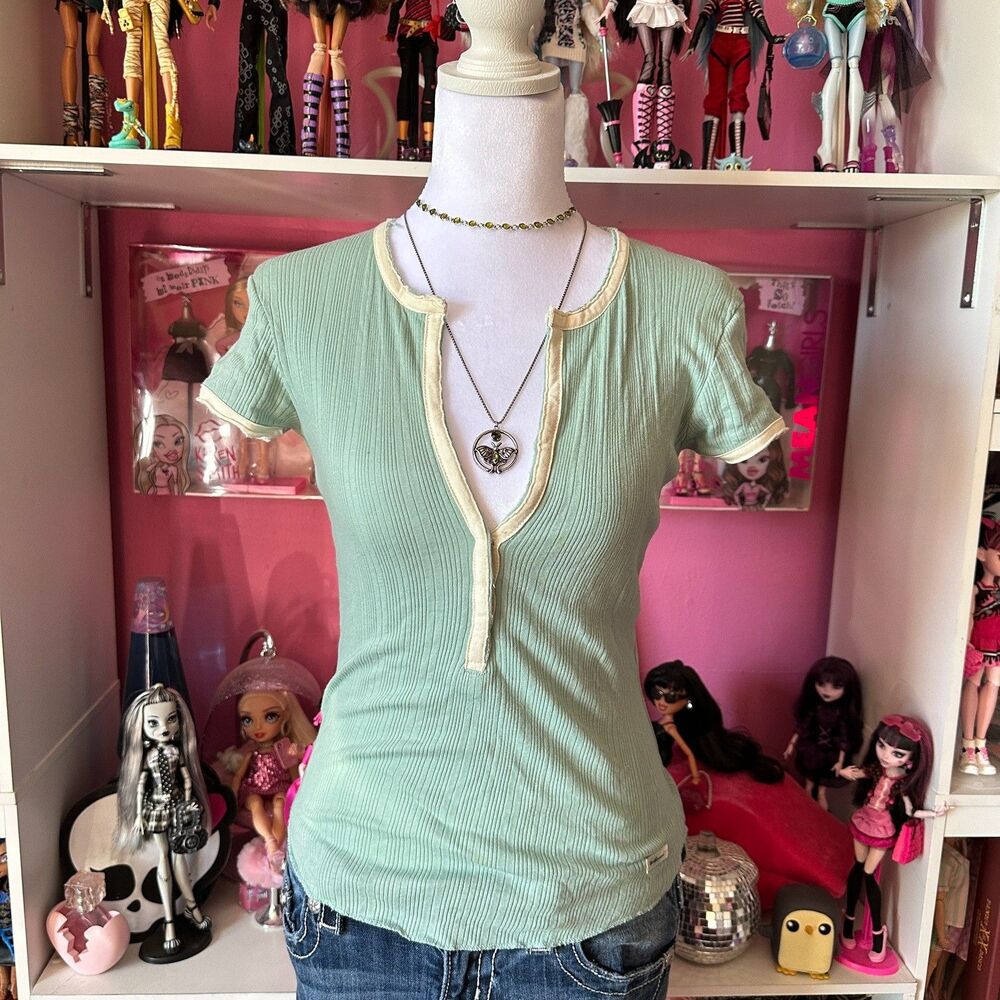 Vintage Weathervane Sage Green Ribbed Split Henley Top S Y2K